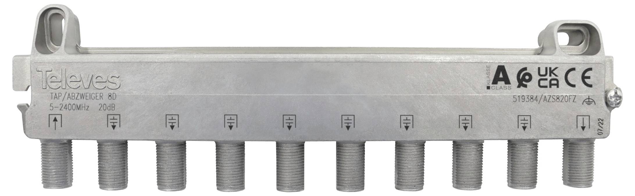 Ein Metall-Fernsehsignalteiler mit acht Ausgangsanschlüssen, verwendet zur Verteilung von Kabelsignalen.