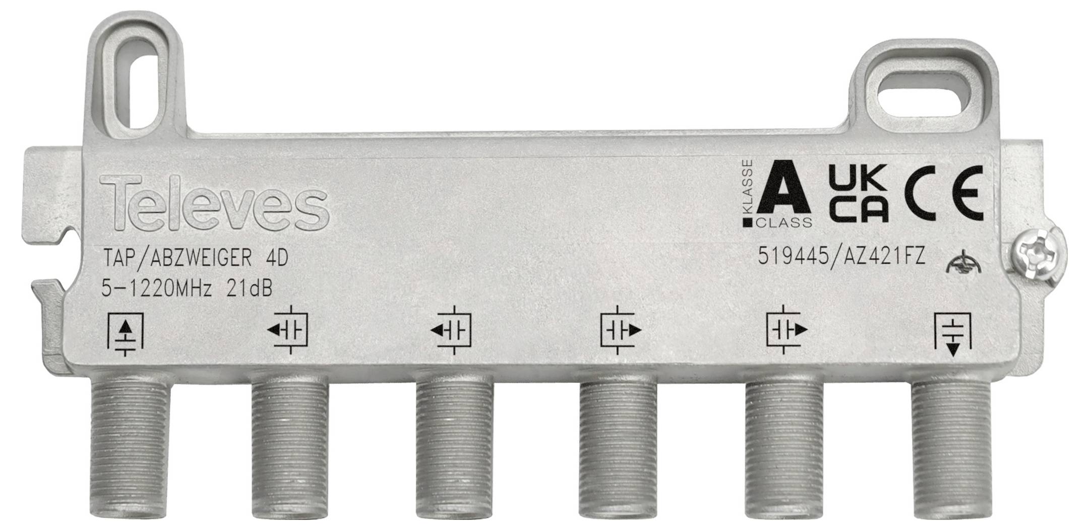 'A-Klasse' TV-Signalverteiler mit sechs Anschlüssen und Spezifikationen '5-1220MHz 21dB' zur Kabelverteilung.