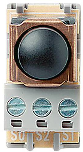 Eine Nahaufnahme eines elektrischen Schaltermoduls mit einem zentralen schwarzen Knopf und drei blauen kreisförmigen Anschlüssen darunter auf einem rechteckigen Gehäuse.