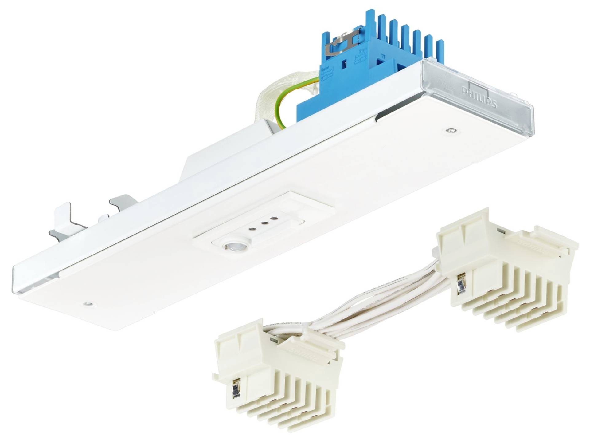 Ein weißer rechteckiger LED-Treiber mit einem Etikett, das technische Spezifikationen und Sicherheitszertifizierungen zeigt, wird zum Betreiben von LED-Leuchten verwendet.