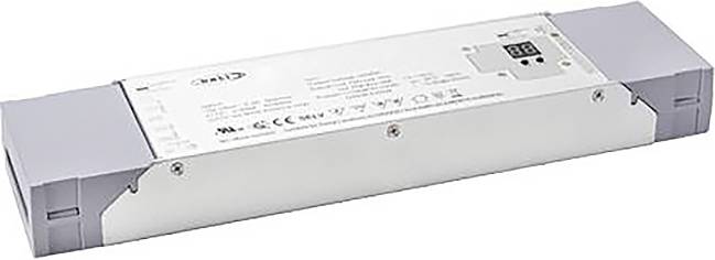 Rechteckiges elektrisches Gerät mit einem Etikett, das Spezifikationen und Zertifizierungen anzeigt, wird für LED-Beleuchtungssysteme verwendet.