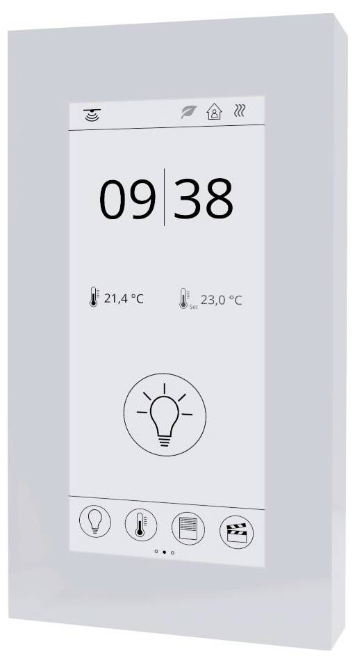 Thermostat-Display zeigt die Zeit 09:38, Innentemperatur 21,4°C, Außentemperatur 23,0°C, darunter ein Glühbirnensymbol.