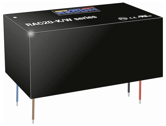 RAC20-K/W Serie schwarze elektronische Komponente mit Logo oben und mehreren farbigen Drähten, die sich von ihrer Basis erstrecken.