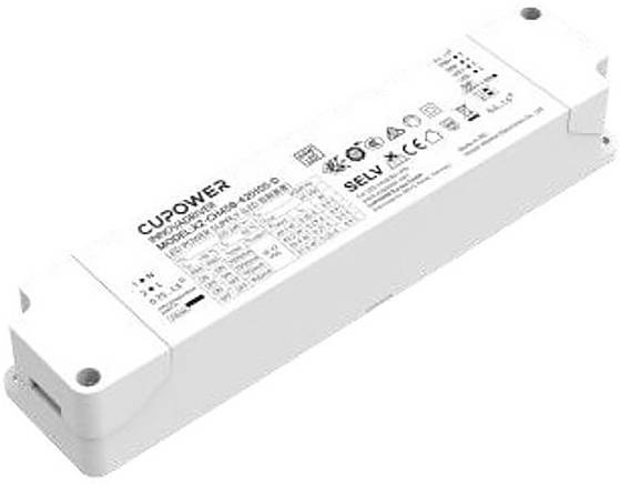 'CUPOWER' markierter LED-Treiber in einem rechteckigen weißen Gehäuse mit technischen Spezifikationen und Zertifizierungslogos auf der Oberseite.