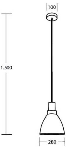 Technische Zeichnung einer Pendelleuchte mit Abmessungen: 1.500 mm Höhe, 280 mm breiter Schirm und 100 mm obere Befestigung.