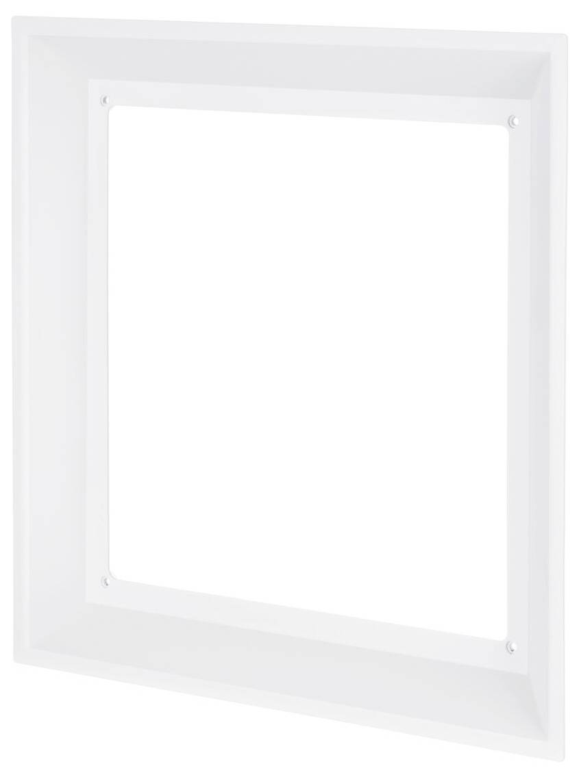 Ein weißer quadratischer Kunststoff-Unterputzkasten mit abgeschrägter Kante, konzipiert zur Aufnahme von Schaltafeln oder elektrischen Befestigungselementen.