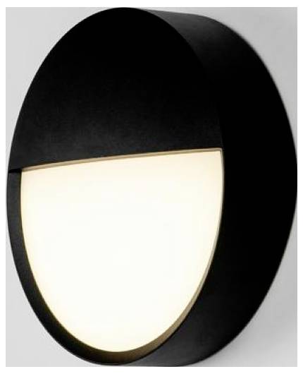 Moderne schwarze runde Wandleuchte mit großem, von innen beleuchttem weißem Diffusor-Panel.