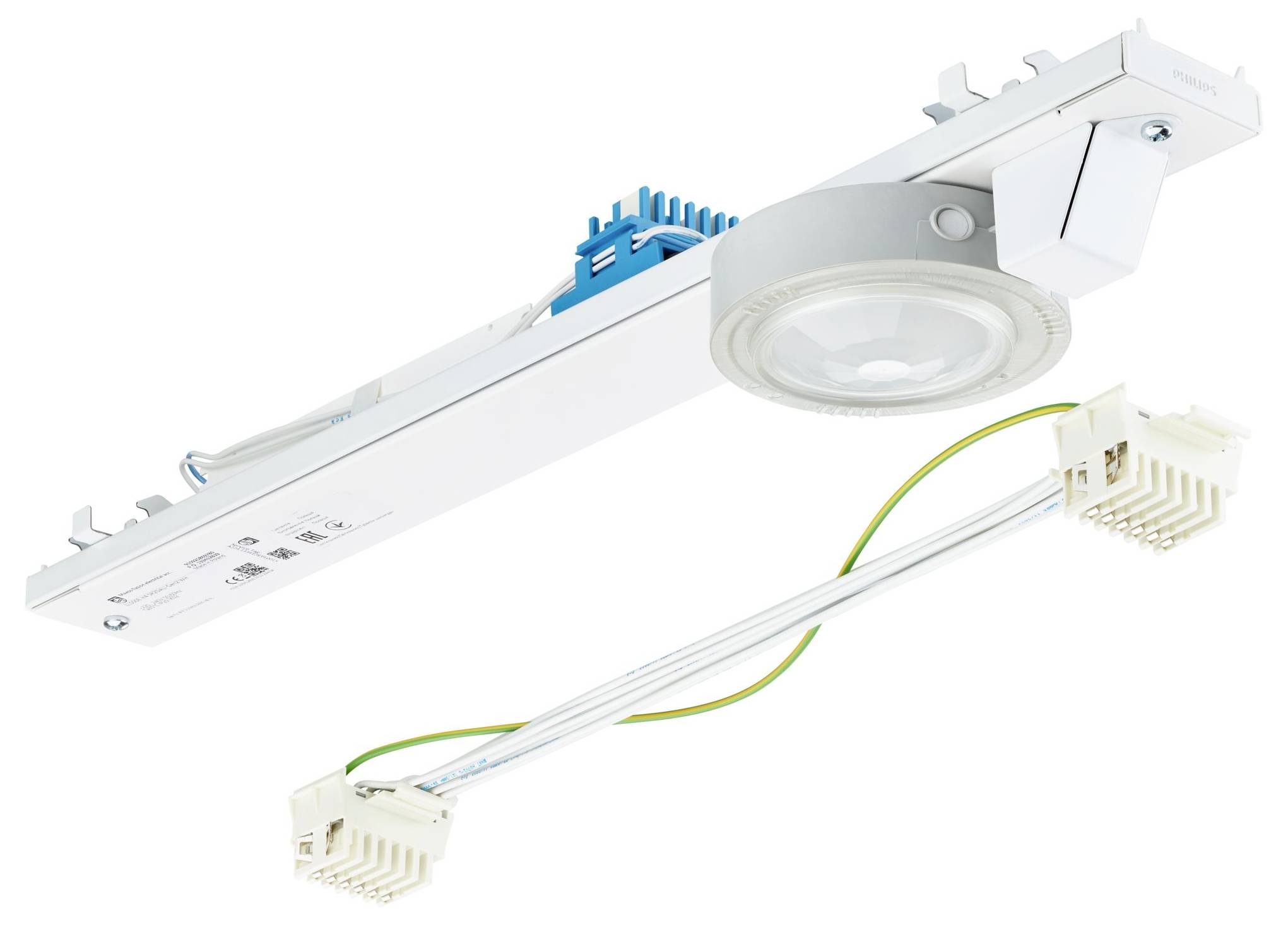 Eine kompakte, versenkte Notleuchteinheit mit rundem Licht und Steckverbinder, die für eine integrierte Installation in Decken konzipiert ist.