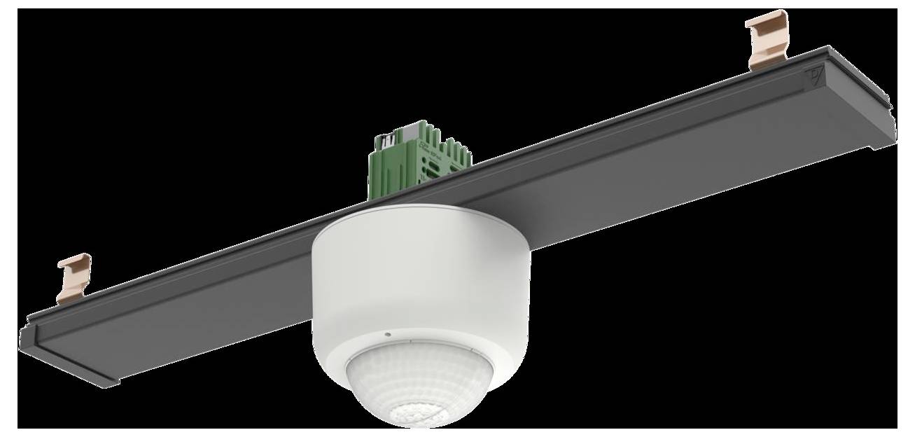 Ein an der Decke angebrachter Bewegungsmelder mit einer weißen Kuppel und angebrachter Schaltung auf einer schwarzen Basis, der zur Erkennung von Bewegungen in einem Raum verwendet wird.