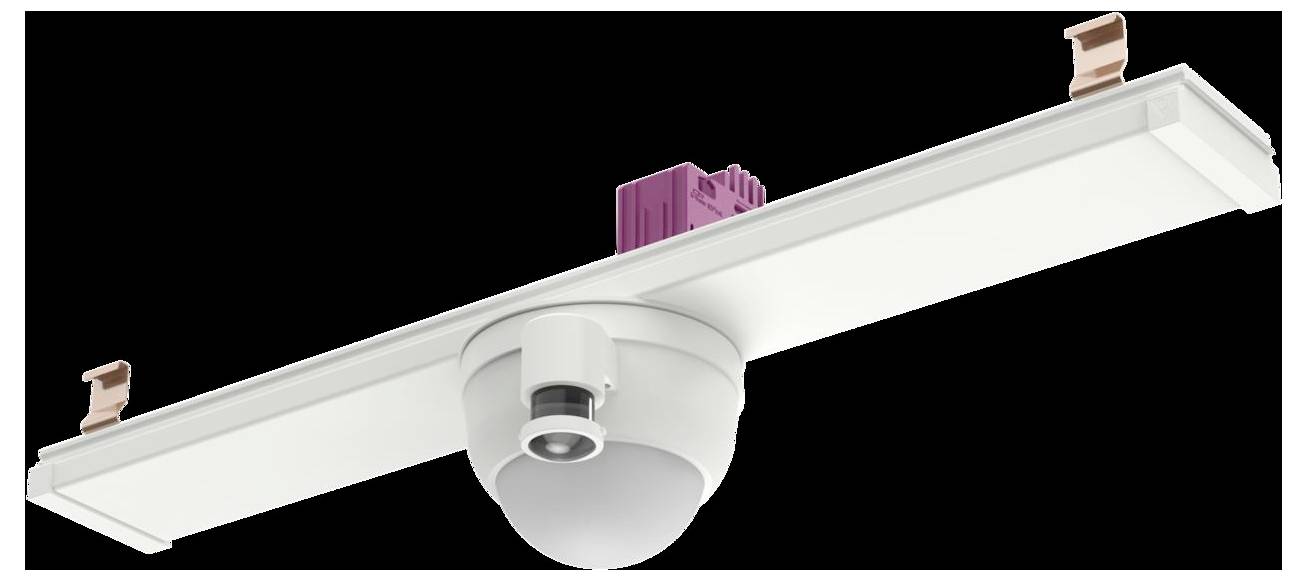 Eine weiße rechteckige Leuchte mit zwei Kupferklammern, mit einer runden Sicherheitskamera in der Mitte und einem rosa Komponententeil oben.