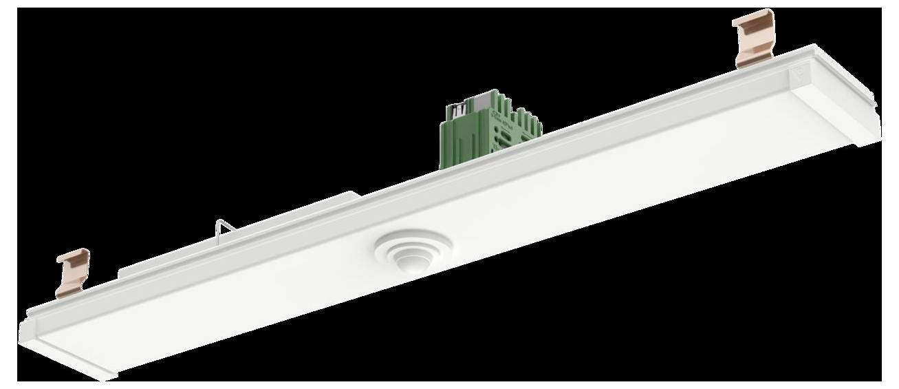 Ein rechteckiges, an der Decke montiertes Sensorgerät mit elektronischen Komponenten auf der Oberseite und einer weißen Abdeckung, vermutlich für Beleuchtungs- oder Umweltregelungszwecke verwendet.
