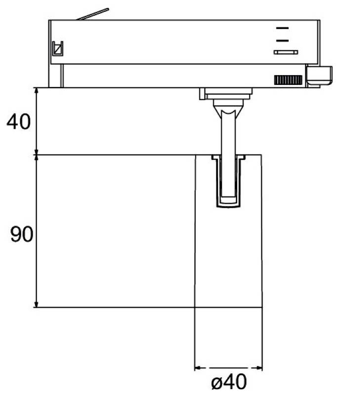 Technische Zeichnung einer montierten Vorrichtung mit einer zentriert angebrachten Sonde, die sich in eine 40 mm große Öffnung erstreckt; Abmessungen mit 40 und 90 gekennzeichnet.