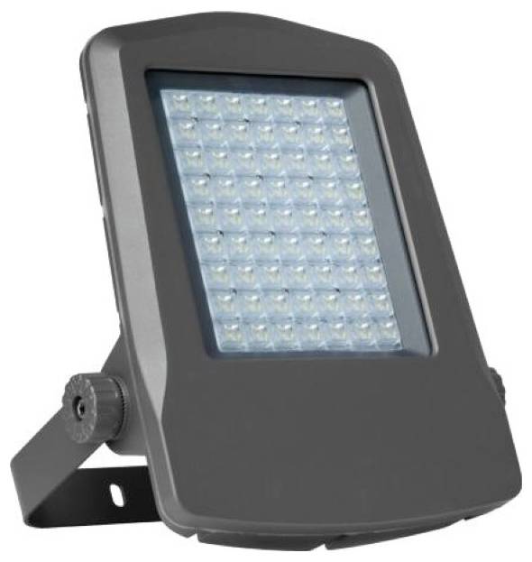 Schwarzer LED-Flutlichtstrahler mit Montagebügel, von vorne auf weißem Hintergrund abgebildet.