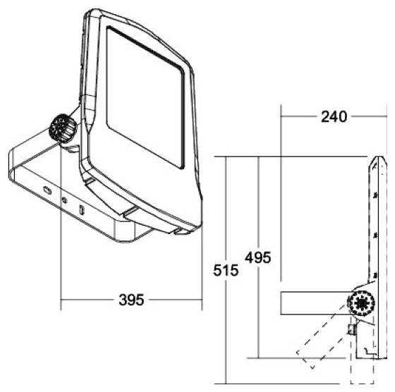 Technische Strichzeichnung einer wandmontierten Bildschirmhalterung mit zwei Ansichten und Abmessungen: 395 mm breit, 515/495 mm hoch und 240 mm Tiefe.