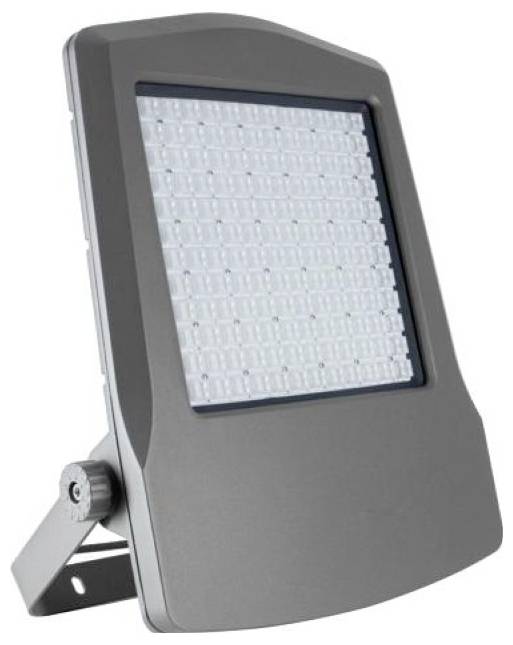 Outdoor-LED-Flutlicht mit verstellbarer Befestigungshalterung und großem quadratischem Lichtpanel in grauem Gehäuse.