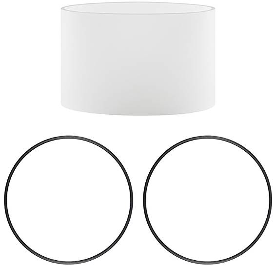 Lampenschirm mit zwei Metallringen zur Unterstützung, separat abgebildet. Der Schirm ist zylindrisch und weiß, geeignet für verschiedene Lampensockel.