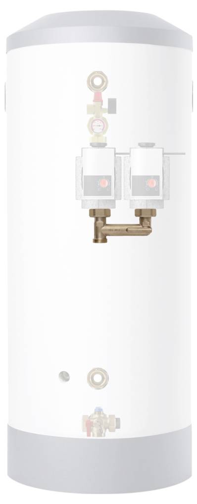 Ein großer, zylindrischer weißer Warmwasserspeicher mit Rohrleitungsanschlüssen oben und einer digitalen Anzeige an der Vorderseite, entwickelt für den Haushaltsgebrauch.