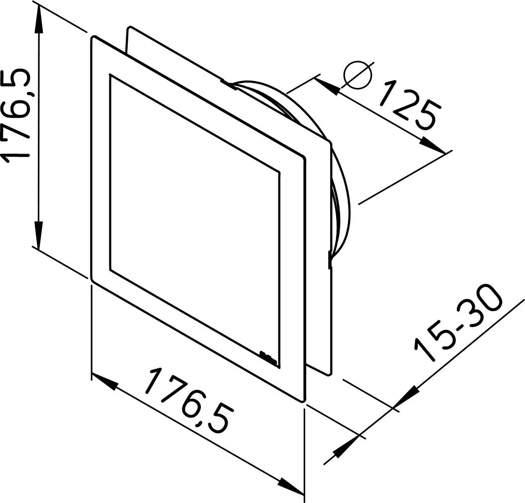 Maßstabgerechte technische Zeichnung einer quadratischen Wandpaneel oder Befestigung, die Vorder- und Seitenansichten mit Abmessungen von 176,5 x 176,5 mm, Tiefe 15-30 mm und ein Detail mit 125 mm Durchmesser zeigt.