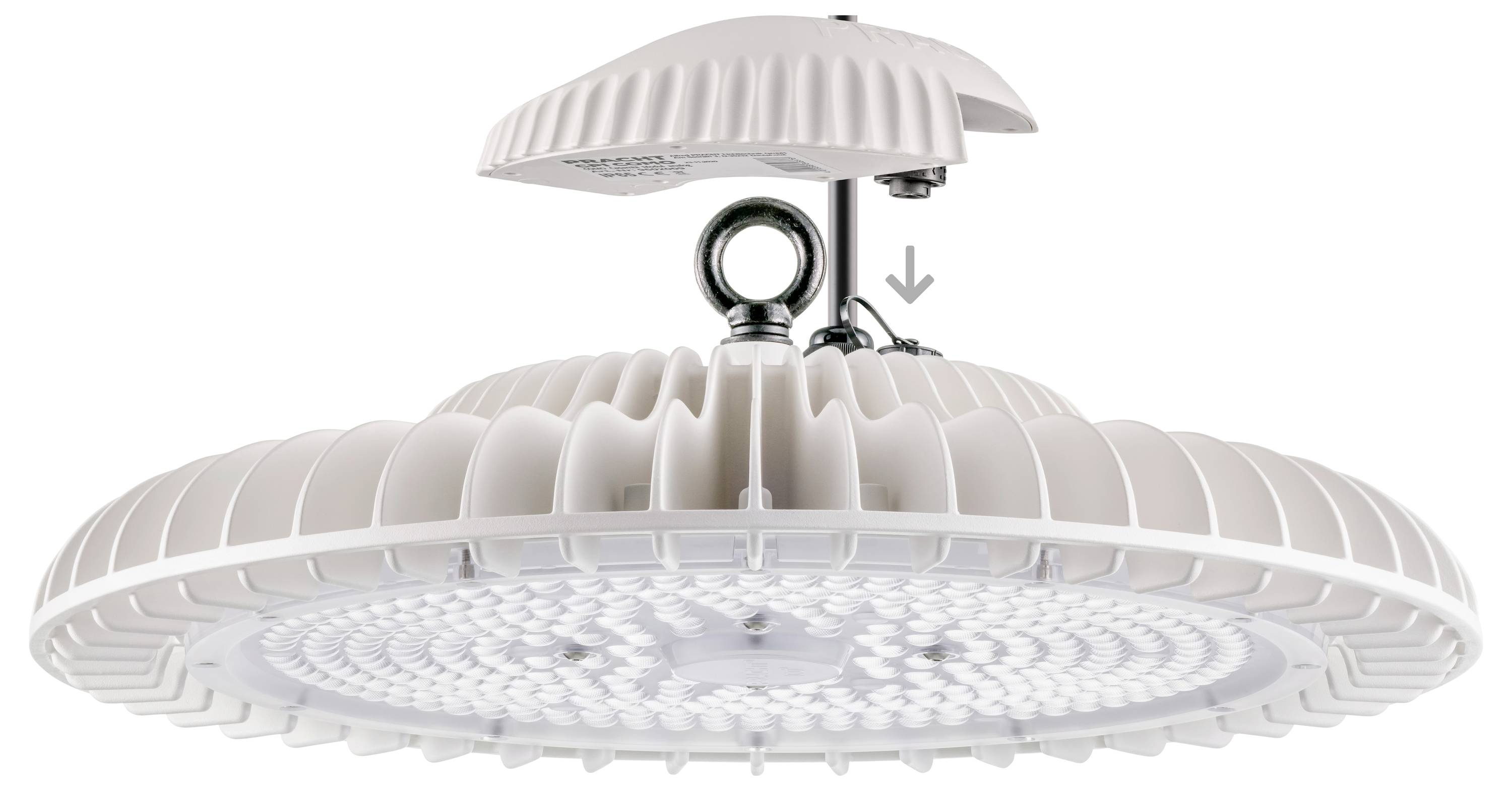 Ein weißes industrielles LED-Hallenlicht mit kreisförmigem Design und Metallbeschlägen, von einem seitlichen Winkel gegen einen einfachen Hintergrund gezeigt.