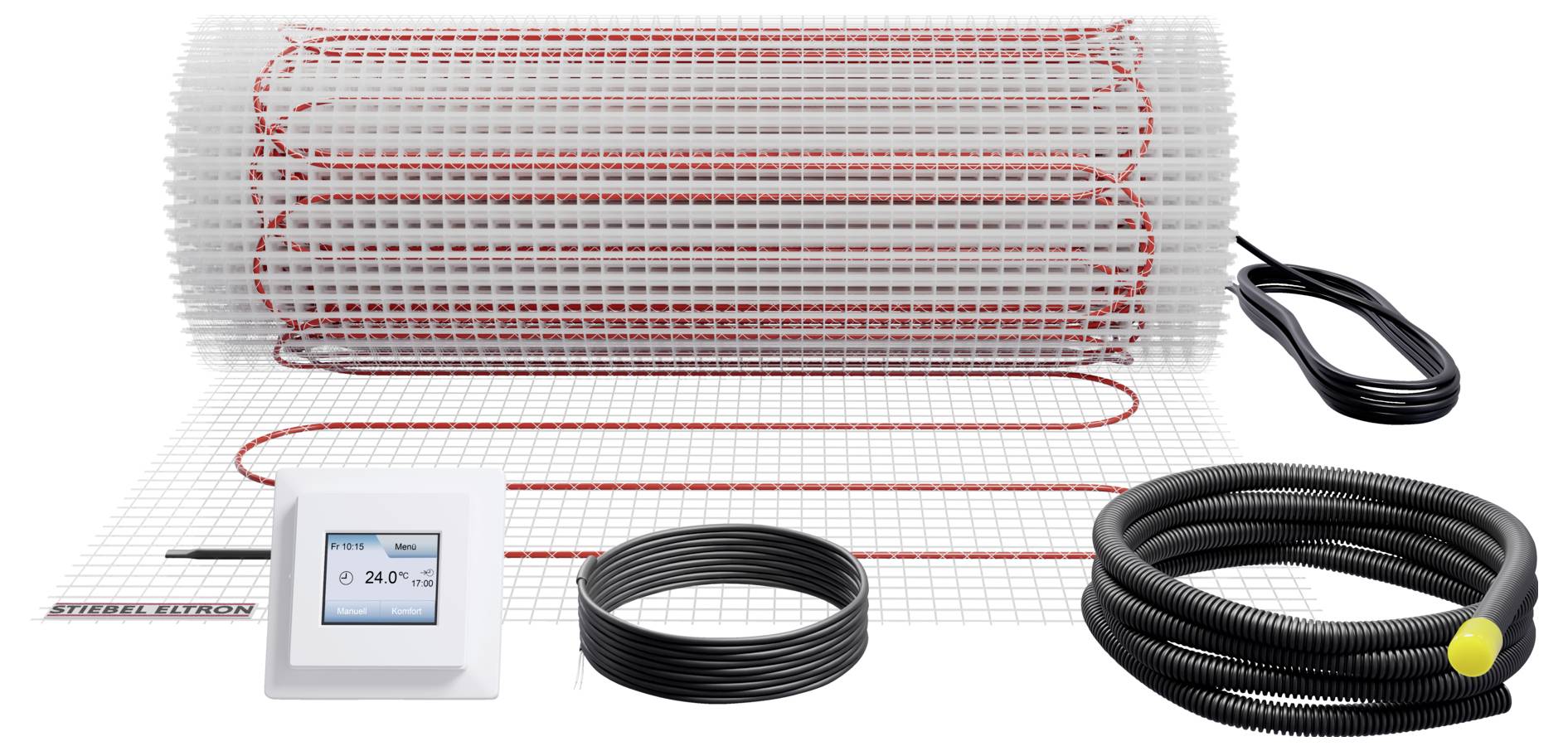Elektrisches Fußbodenheizungssystem mit aufgerollter Heizmatte, Thermostat mit Anzeige von „24°C