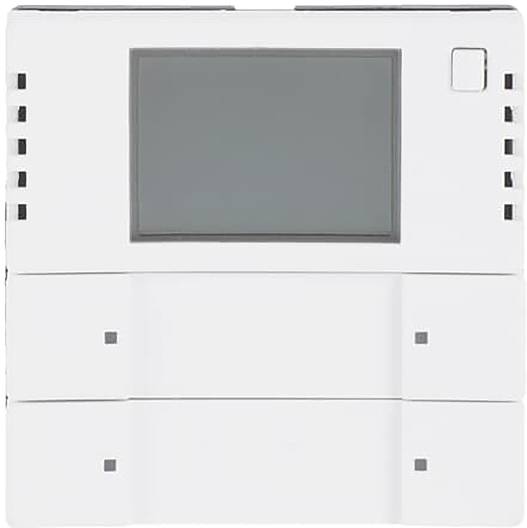 Ein weißes elektronisches Gerät mit einem rechteckigen Bildschirm in der Mitte, möglicherweise ein Bedienfeld oder Sprechanlage, mit mehreren Tasten.