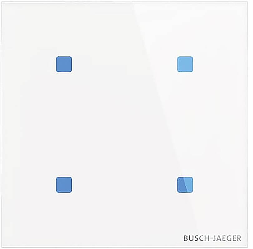 Ein weißes Panel mit vier blauen Quadraten und dem Text „BUSCH-JAEGER