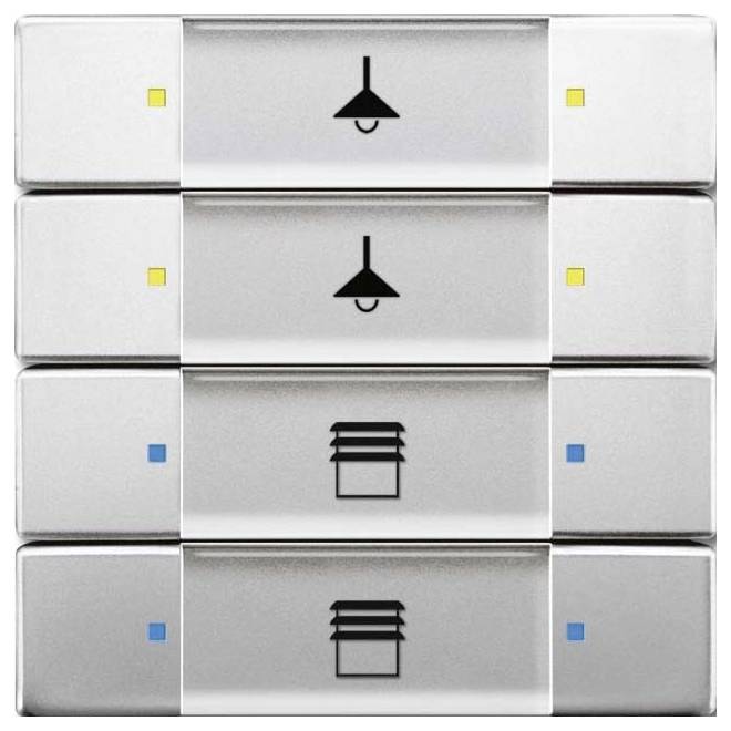 Vier rechteckige Schaltflächen mit Symbolen: zwei Lampen, zwei gestapelte Linien darunter. Gelbe und blaue Indikatoren neben jedem.