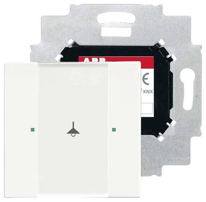 Ein weißer programmierbarer Lichtschalter mit Lampensymbol, konzipiert für Hausautomationssysteme, abgebildet mit seiner Montagebasis.