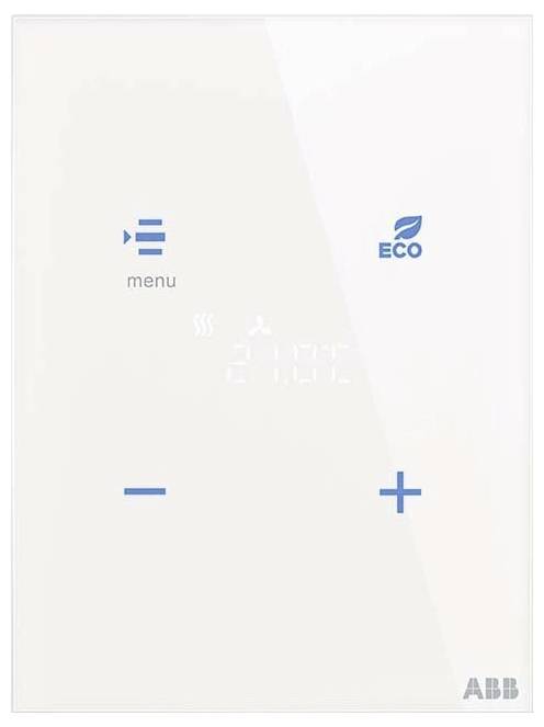 Eine weiße Thermostat-Schnittstelle mit blauen Symbolen. Das Display zeigt Temperatureinstellungen mit Plus- und Minus-Tasten zur Anpassung an.