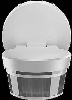 Ein weißer Toilettensitz mit offenem Deckel, der für Barrierefreiheit und Hygiene konzipiert ist und einen konturierten Deckel sowie integrierte Reinigungstechnologie-Komponenten aufweist.