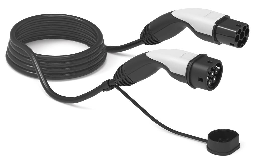 Ein Typ-2-Elektrofahrzeug-Ladekabel mit aufgerolltem Kabel und Steckern an jedem Ende. Das Kabel ist schwarz und weiß mit einer Schutzkappe.