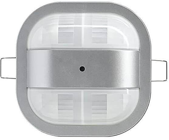 Deckengestützter Bewegungsmelder mit quadratischer Form und zentraler Linse, typischerweise zur Bewegungserkennung in Sicherheitssystemen verwendet.