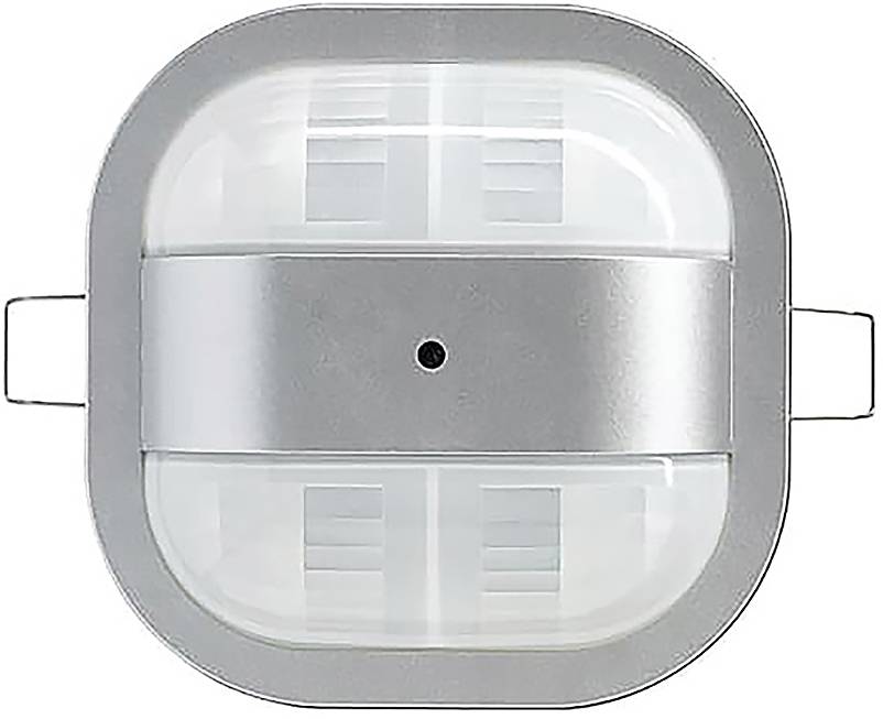 Eine Nahaufnahme eines rechteckigen elektronischen Sensors mit einer zentralen Linse und zwei seitlichen Klammern. Es scheint sich um einen Bewegungsmelder zu handeln.