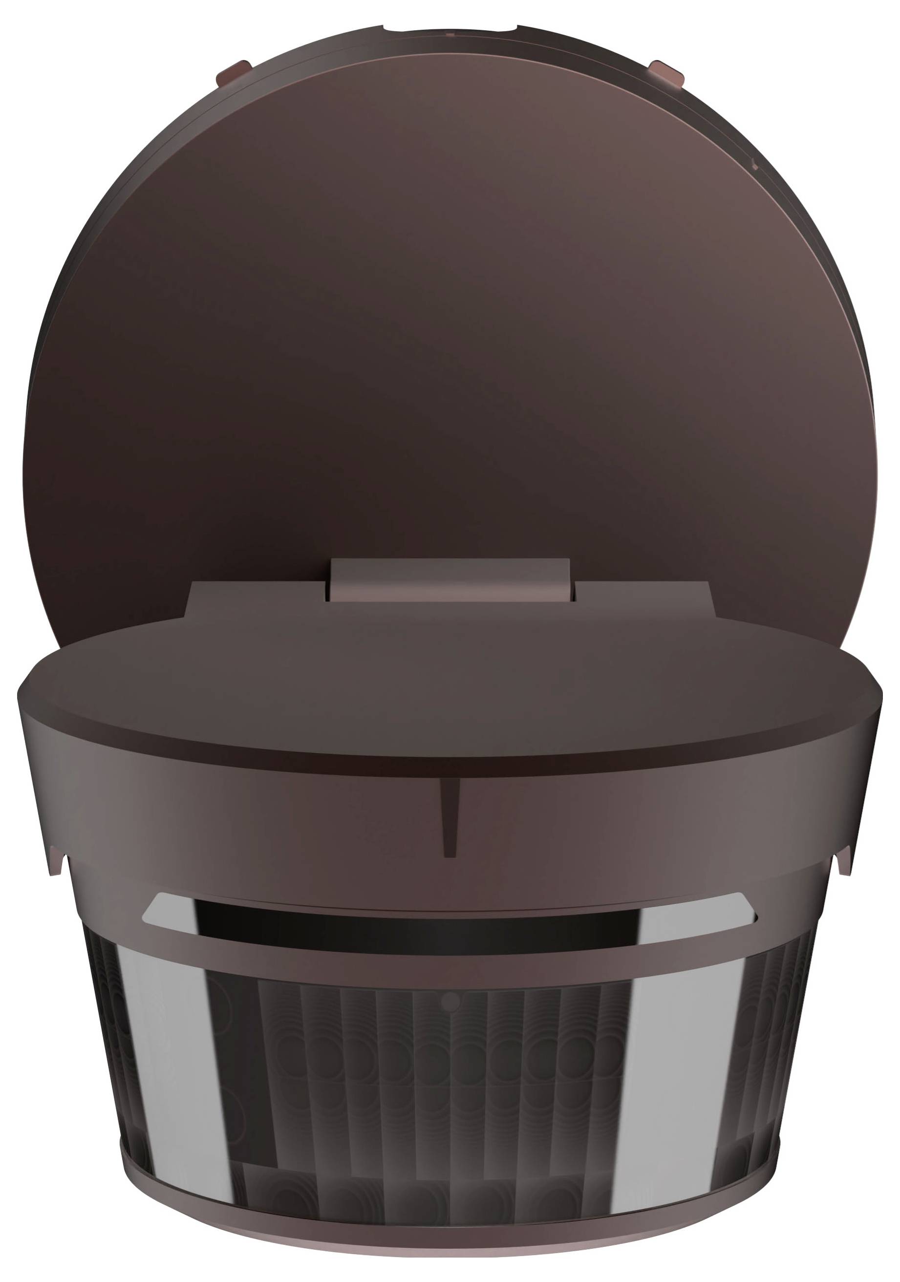 Brauner runder Behälter mit offenem Deckel, der das innere Fach zeigt. Wirkt wie ein modernes, schlankes Design aus Kunststoff.