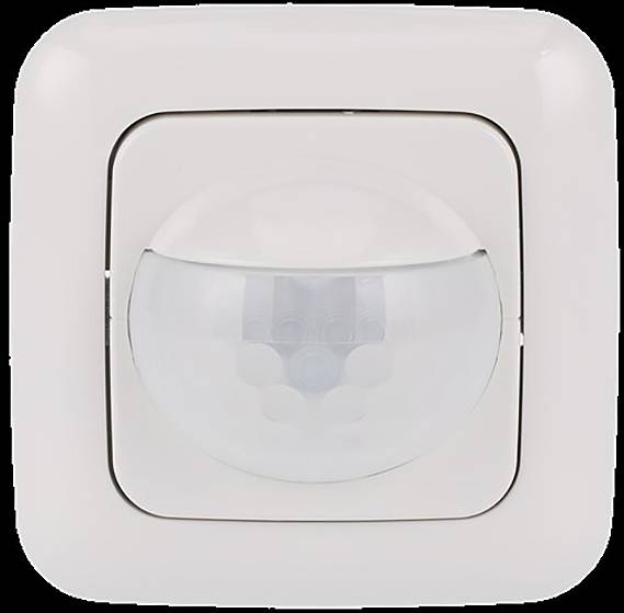 Ein weißer wandmontierter Bewegungsmelder mit einer kuppelförmigen Abdeckung, entwickelt zum Erkennen von Bewegungen für Beleuchtungs- oder Sicherheitssysteme.