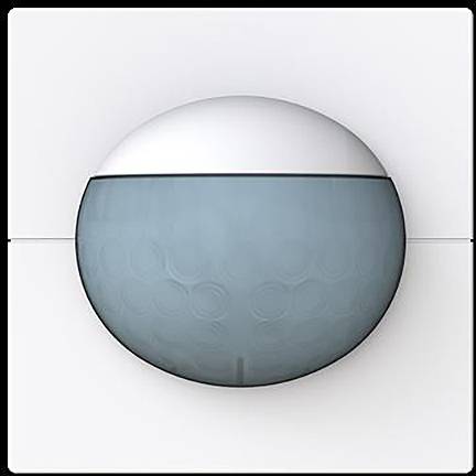 Ein blauer und weißer, kuppelförmiger Bewegungsmelder auf weißem Hintergrund, typischerweise in Sicherheitssystemen zur Bewegungserkennung verwendet.