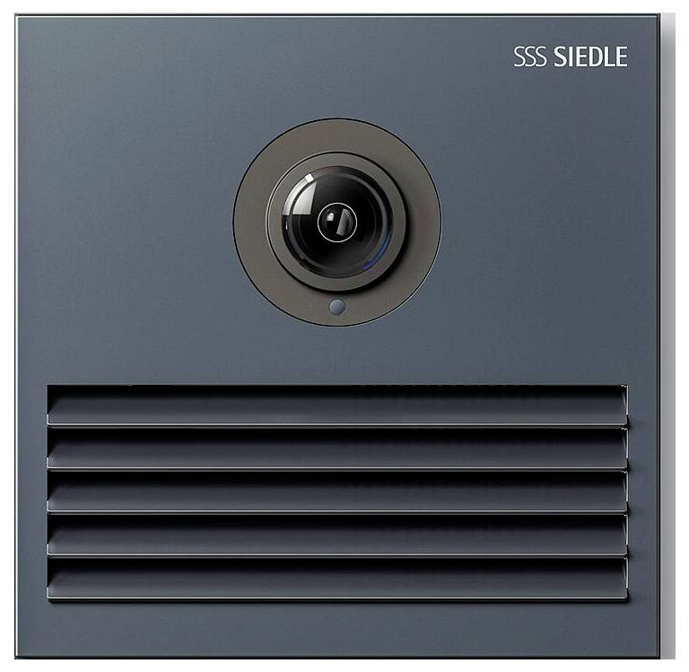Ein schwarzes Türgegensprechanlage-Panel mit einer kreisförmigen Kamera oben und einem horizontalen Lautsprechergitter darunter. Die Marke 'SSS Siedle' befindet sich oben rechts.