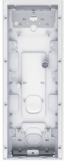 Ein quadratischer beiger Rahmen mit einer kreisförmigen Aussparung in der Mitte, entworfen um ein rundes Objekt zu halten oder zu montieren.