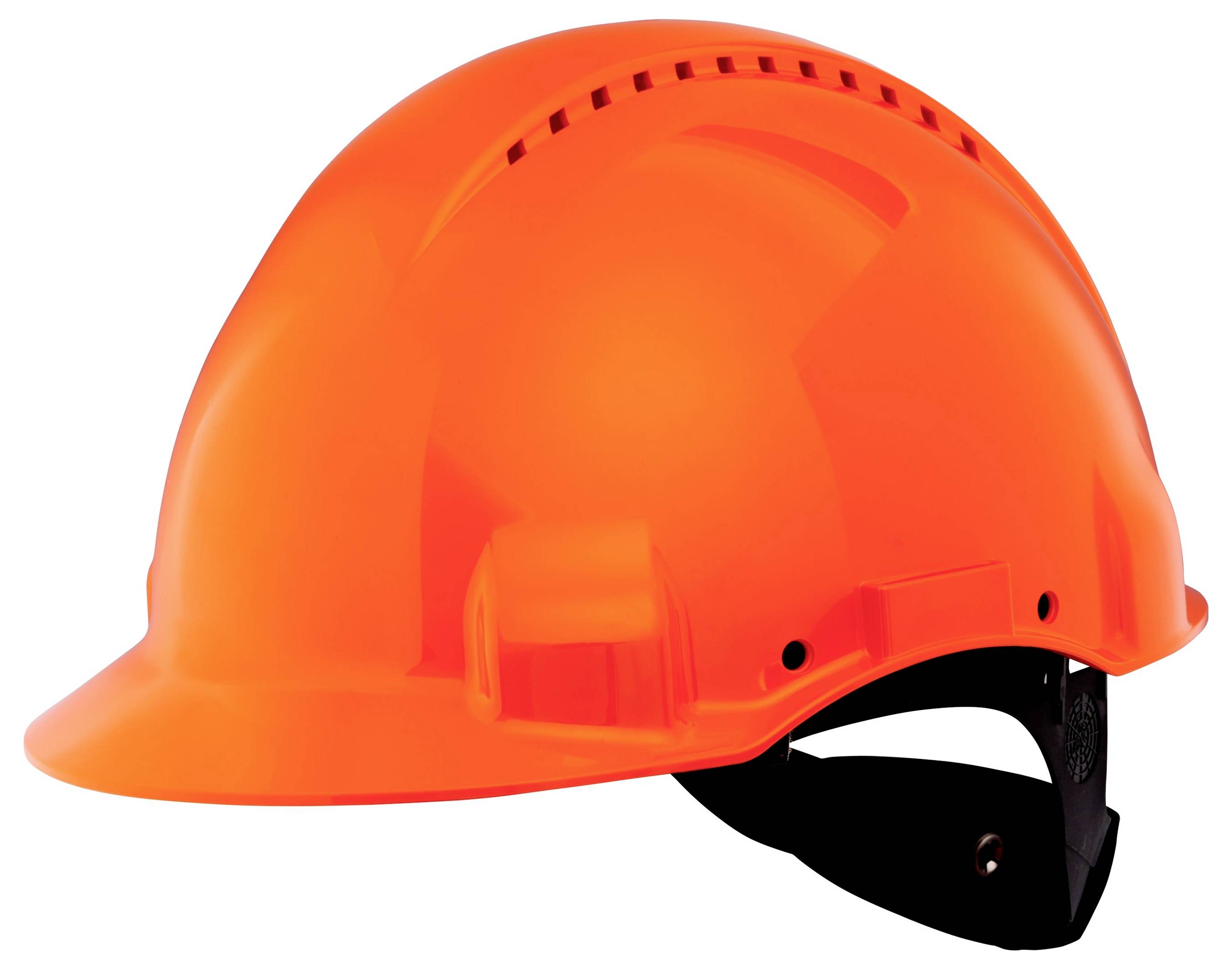 Orangener Schutzhelm, Seitenansicht, mit einem Riemen darunter.