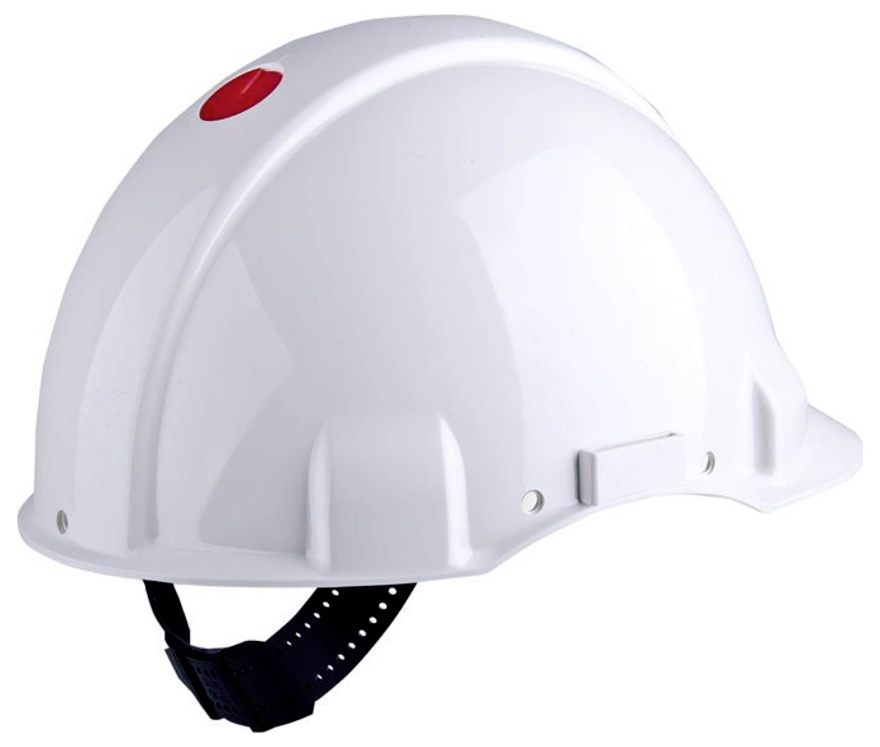 Ein weißer Bauhelm mit einem roten runden Aufkleber oben, mit einem verstellbaren schwarzen Riemen, wird für die Sicherheit auf Baustellen verwendet.