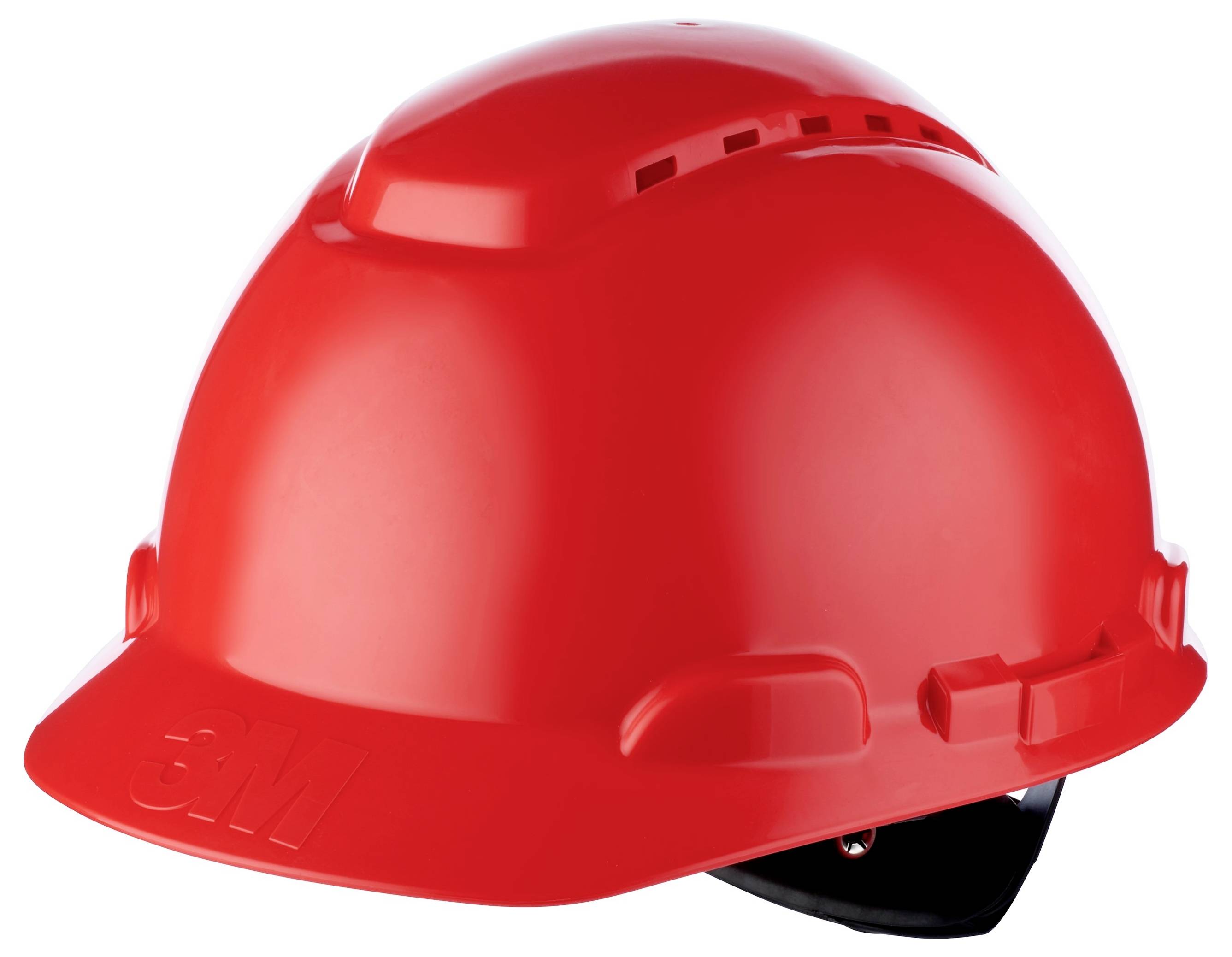 Roter Schutzhelm schräg nach rechts geneigt, verwendet für Baustellen oder Arbeitsumgebungen mit Schutzanforderungen.