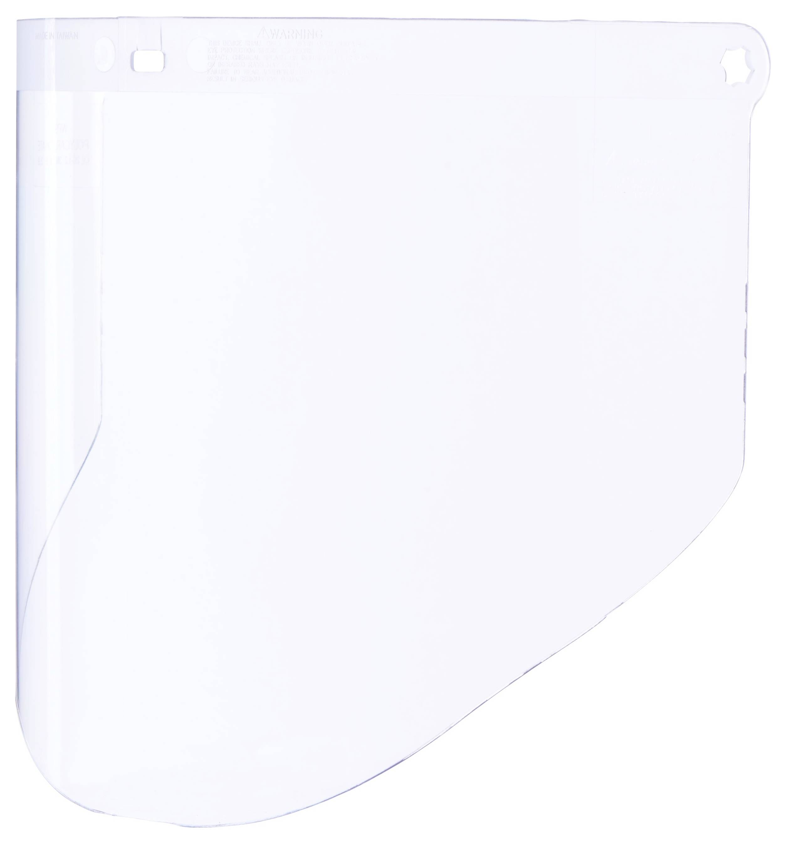 Ein klares, gebogenes Kunststoff-Gesichtsschutzschild mit Antibeschlag-Beschichtung, gerader oberer Kante und gerundetem unteren Rand, entworfen für Schutz und Sichtbarkeit.