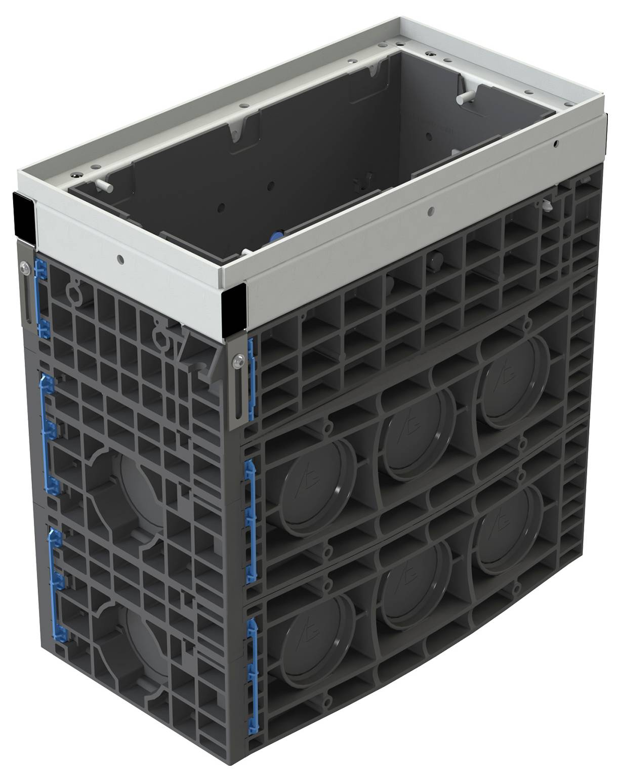 Eine grau und blaue rechteckige Modularkomponente mit einer gitterähnlichen Struktur und kreisförmigen Öffnungen, möglicherweise zur Verwendung in Industrie oder Konstruktion.