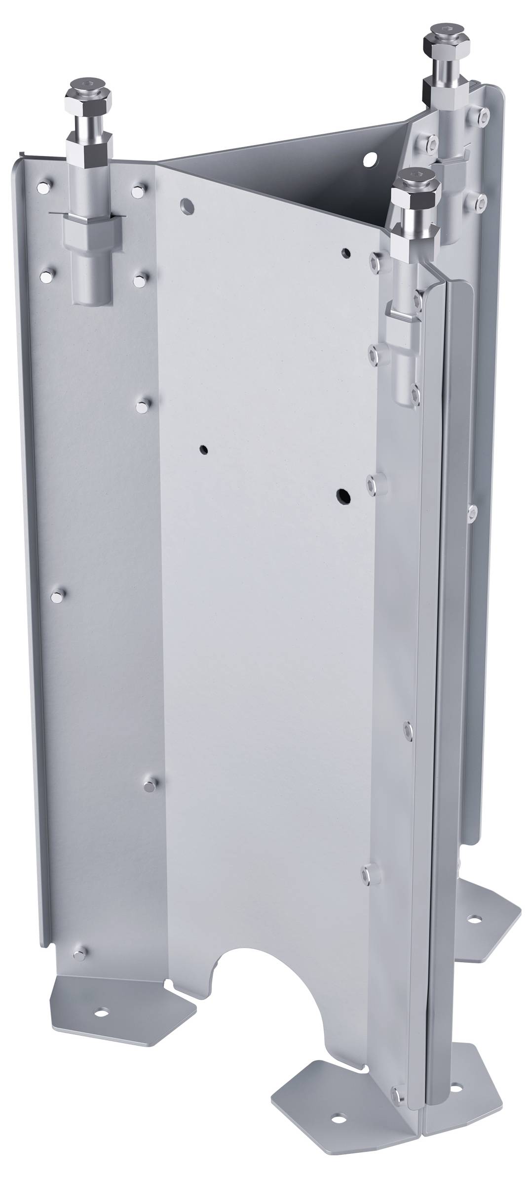 Eine Metallhalterung zur Tragwerksunterstützung mit drei winkligen Stützen, die an einer Basis verbunden sind, mit Schraubenverstellungen an der Oberseite.