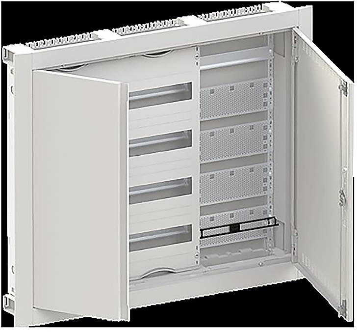 Offenes Metall-Elektriklei für Mehrschichtanlage mit sichtbarer horizontaler schwarzer Schiene im Inneren, Türen offen, um das innere Layout zu zeigen.