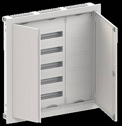 Eine offene Elektroverteilerdose mit mehreren Schaltschienen, die zum Organisieren und Verteilen von Stromverbindungen konzipiert ist.