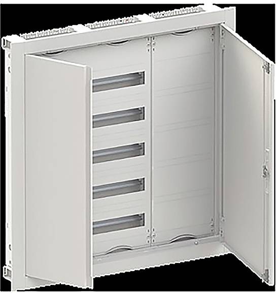 Eine offene Elektroschalttafel mit vier sichtbaren Plätzen für Leitungsschutzschalter, an einer Wand montiert. Die Tür des Schaltschranks ist vollständig geöffnet.