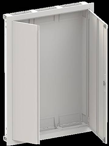 Metallisches Elektroschaltschrank mit offenen Flügeltüren an der Vorderseite, die einen leeren Innenraum zeigen, verwendet zur Unterbringung von elektrischen Komponenten.