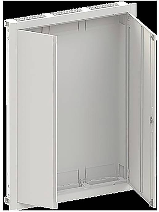 Offener, leerer Metallschrank mit zwei leicht angelehnten Türen, die einen einfachen Innenraum zeigen. Der Schrank ist rechteckig und hellgrau.