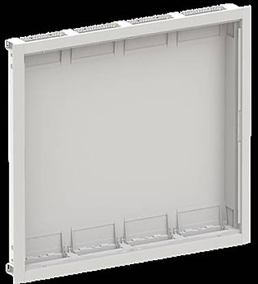 Ein rechteckiger Kunststoffrahmen mit offener Rückseite und Fächern am unteren Ende, möglicherweise zur Aufbewahrung oder Organisierung von Gegenständen oder Geräten.